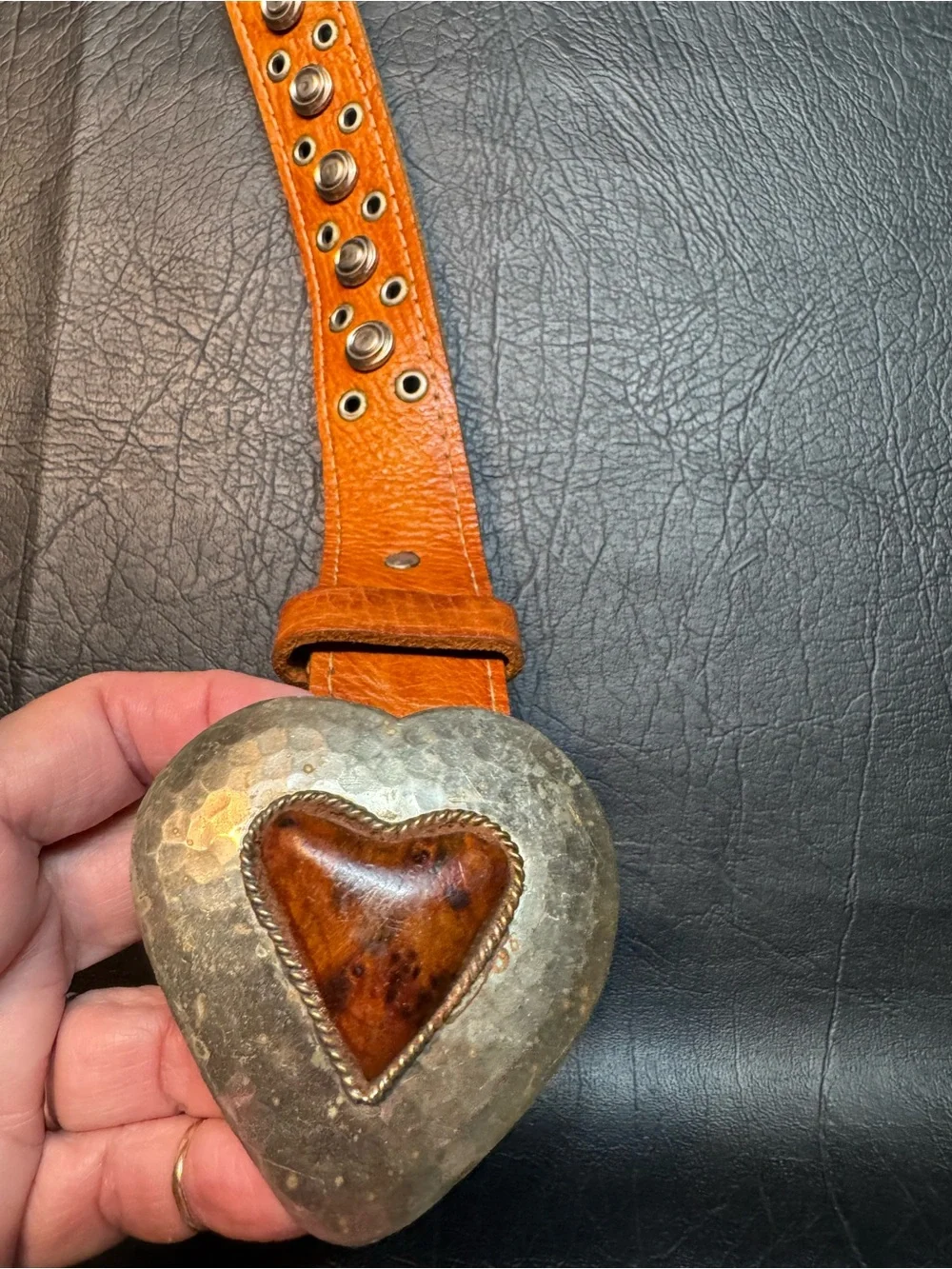 Chico’s M/L Leather Belt Heart Buckle Studded Grommet Western Boho Morocco 38”